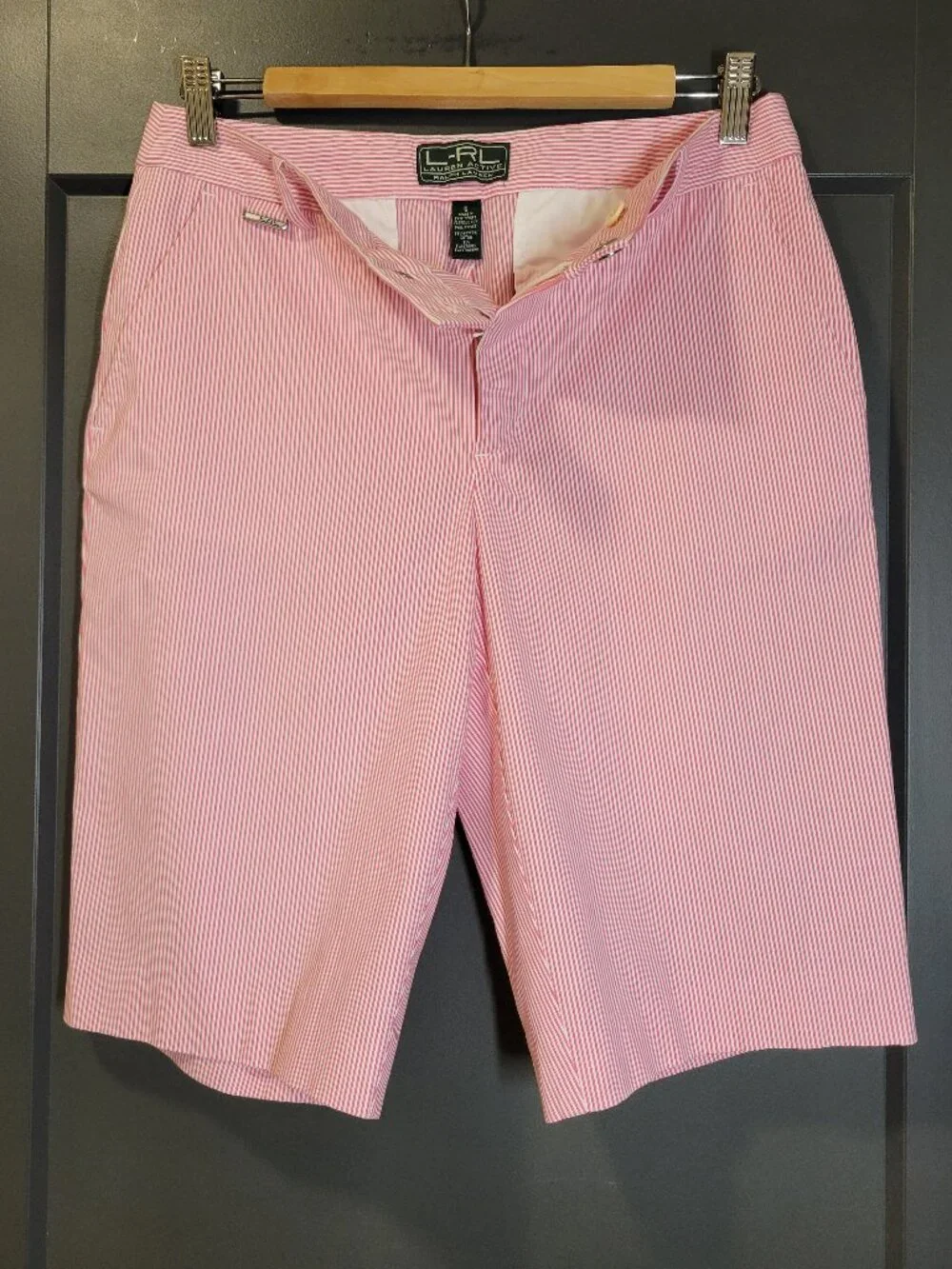 Ralph Lauren  Bermuda Shorts  Size 6 Flat Front Pink/White Pinstripe Cotton